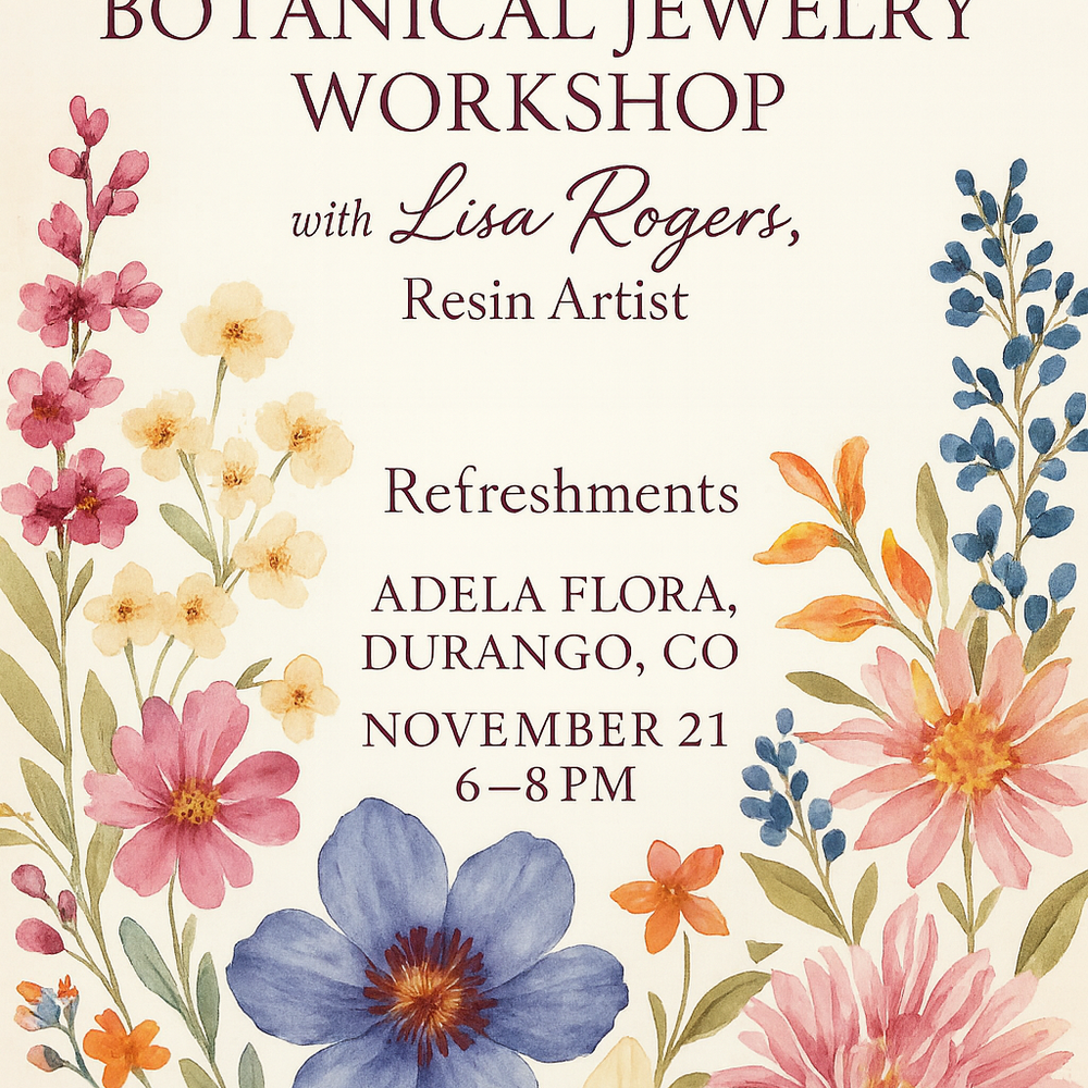 Promotional flyer for a botanical jewelry workshop with floral decorations.