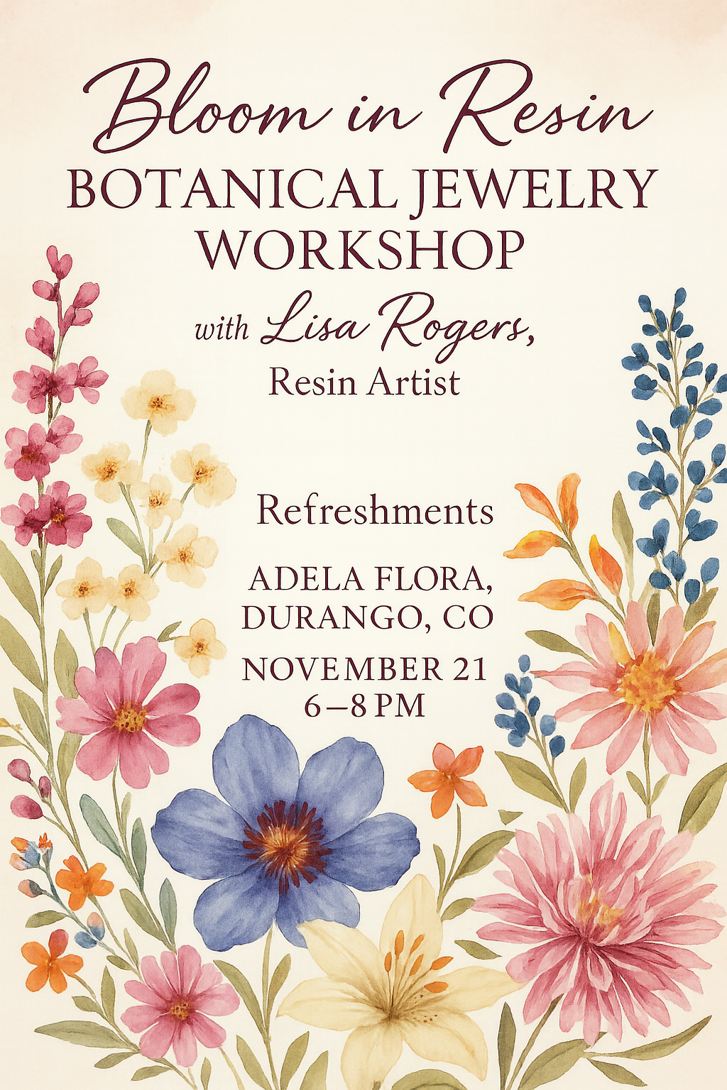 Promotional flyer for a botanical jewelry workshop with floral decorations.
