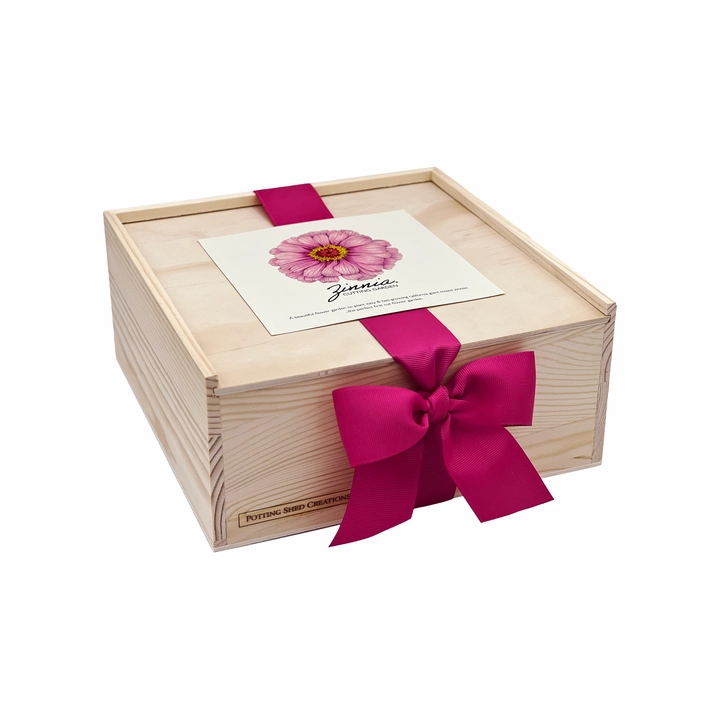Wooden gift box with a pink ribbon and card on a white background