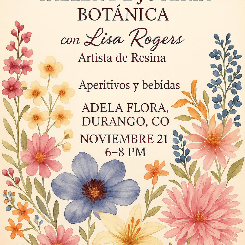 Floral design with text for a jewelry workshop event featuring Lisa Rogers.