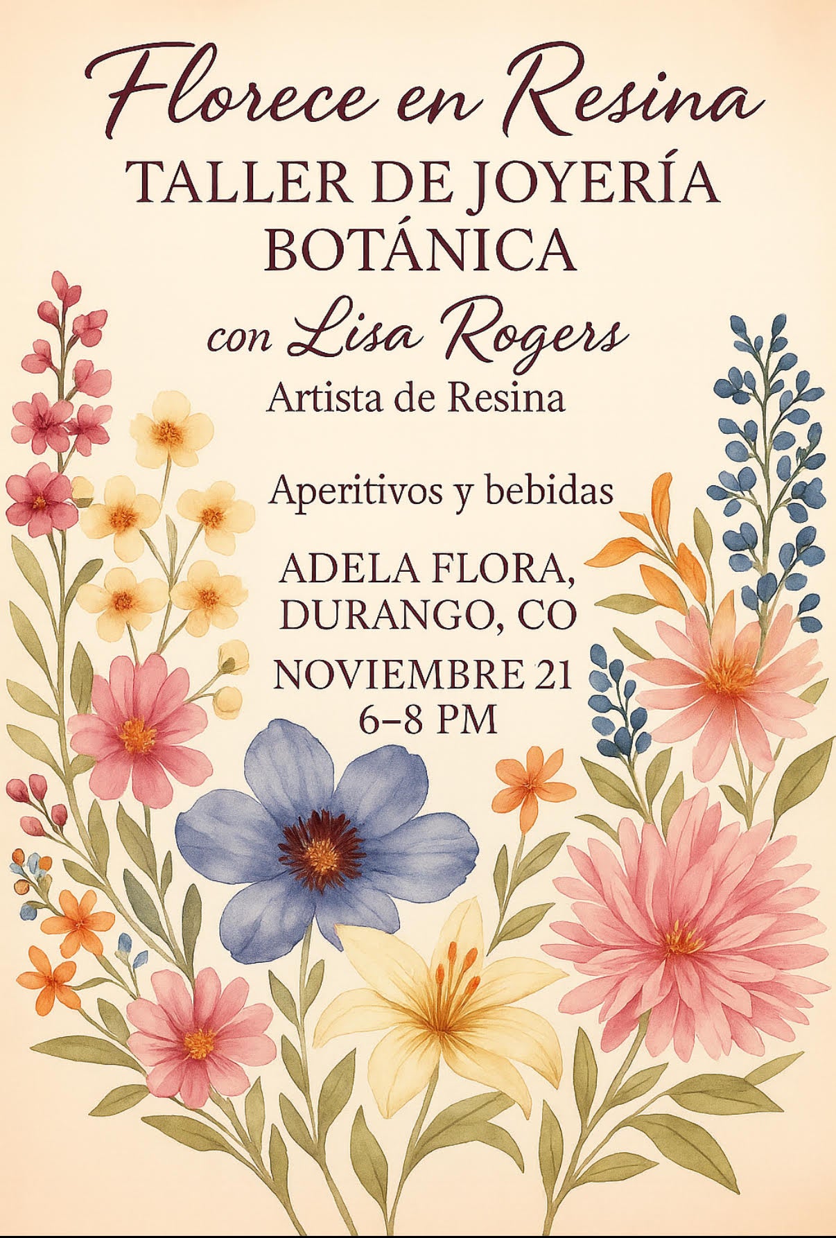 Floral design with text for a jewelry workshop event featuring Lisa Rogers.